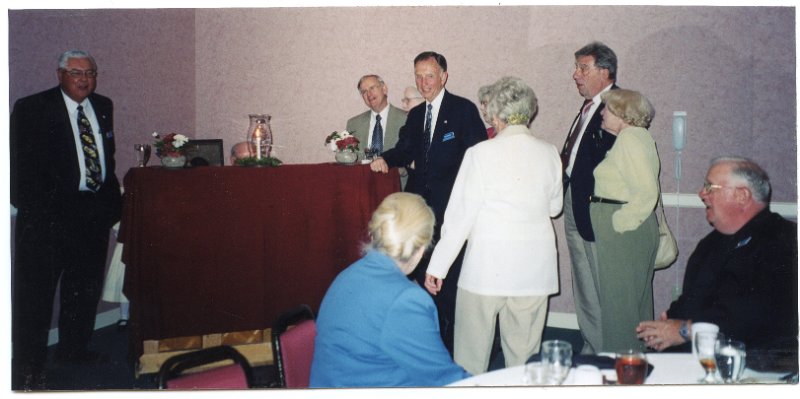 img445.jpg - Ivan Joslin, Dudley Brown's head behind the hurricane glass and candle, Bob Robb, Tom Brooks, Trish Barnhart and Lore Stoltzfus, John and Mary Sue Getreu.  Clare Brooks is seated with Don Anderson.