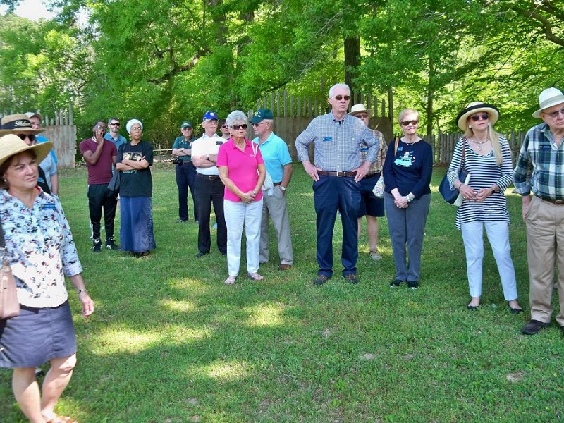 100_4242.JPG - Listening to our guide at Town Creek Indian Mound (Joanne Sheehan, two visitors with Kevin Althoff behind, Jim Owen, Blair Hildebrand, Mary Owen, Charlotee and Glenn Koogler, Jon Hatfield, Miles White, Donna Hatfield, Lynn Rogerson, Don Kahler)