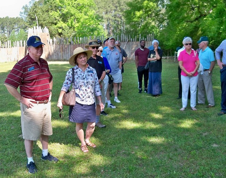 100_4243.JPG - Listening to our guide at Town Creek Indian Mound (Jed and Joanne Sheehan, Paul Teets, Robyn Burnham, Jere Avenson, two visitors, Charlotte and Glenn Koogler)